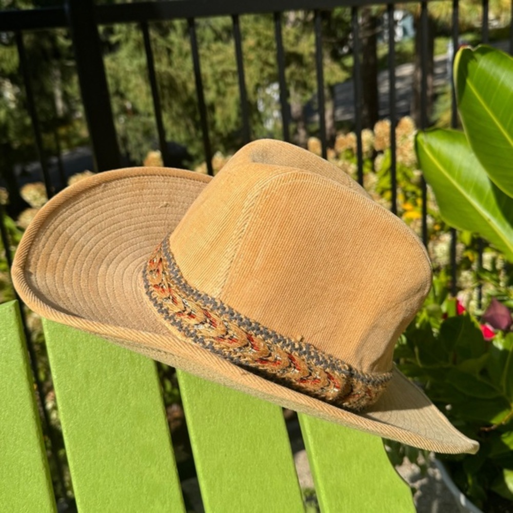 Vintage 70’s Longhorn light brown corduroy banded cowboy hat NWOT size M 7-71/8 - Picture 3 of 9
